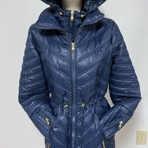 Elegant Women's Blue Puffer Jacket with Gold Details